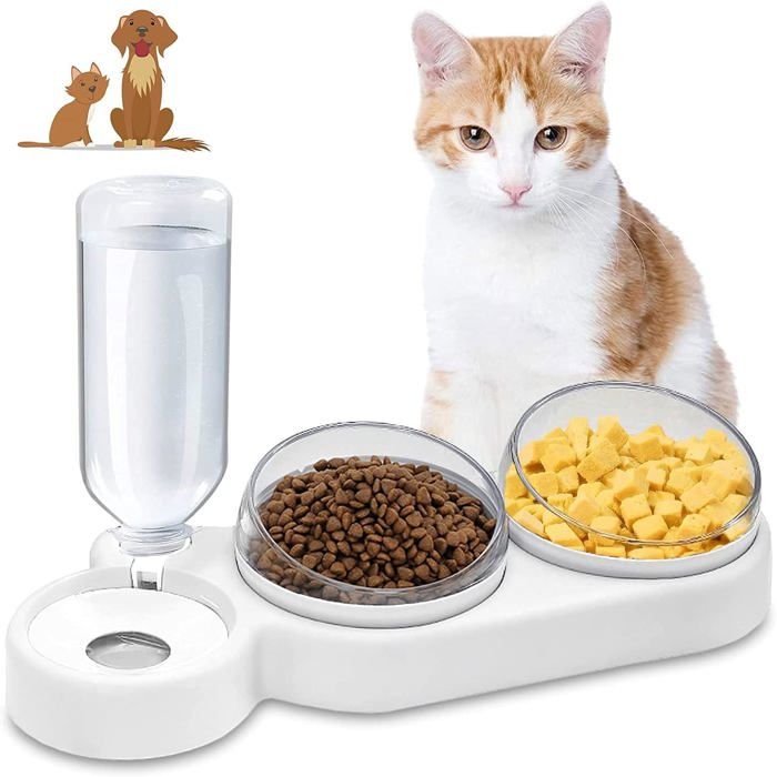 Gamelles pour Chats 3 en 1 à Stockage Deau Automatique Bols pour Chat Inclinable à 15° Double Gamelle Chat Surélevée