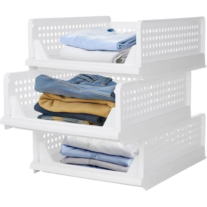 B.LIVEM Rangement Vetement Empilable Lot de 3 Tiroir Coulissant Organisateur Armoire avec couvercle L43 x P14 x H33.5cm Blanc