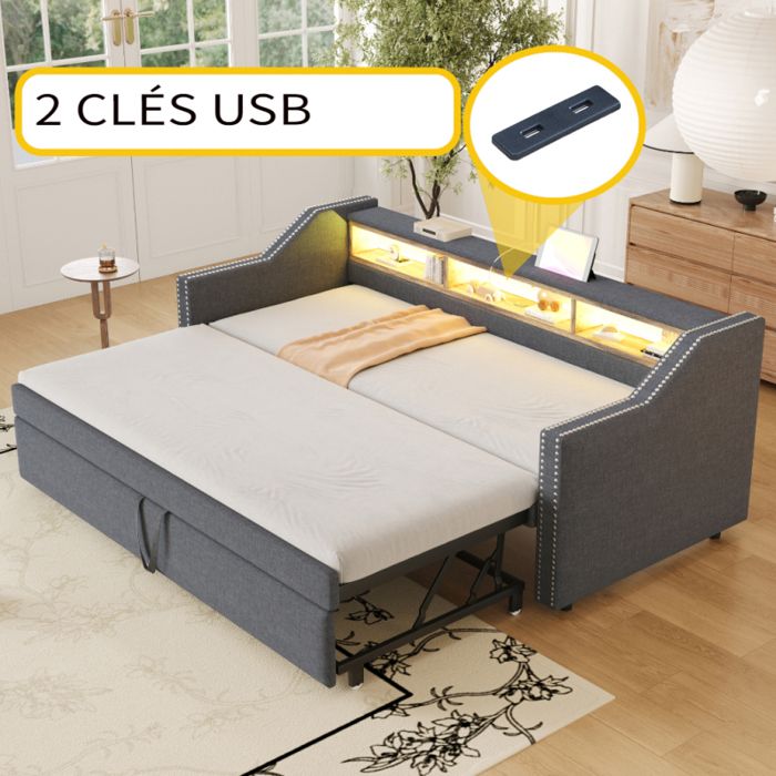 Canapé-lit gigogne rembourré - LANGTU - 90/180 x 190 cm - Rangement multifonction - LED intégrée & port USB - Sommier à lattes