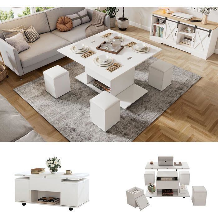 Table Basse multifonctionnelle 3 en 1 Convertible en table à manger avec 4 Tabouret Rangement Caché et Ouvert Hauteur réglable