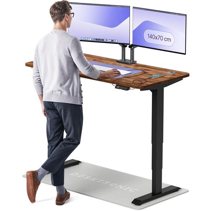 Bureau Assis-debout électrique Ergotopia Desktopia Pro X - Réglable 62,3-127 Cm - Plateau 160x80 Cm Noyer, Cadre Noir - 9 Mémoires, écran OLED, Rappel Intelligent
