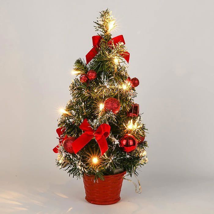 Mini Sapin De Noël 40 Cm Avec Guirlande LED - Décor Neige Et Pommes De Pin, Base Toile