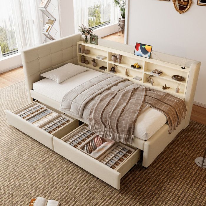 canapé-lit 90 200cm-2 tiroirs-USB + type C plusieurs compartiments de rangement lit avec sommier à lattes sans matelas-beige