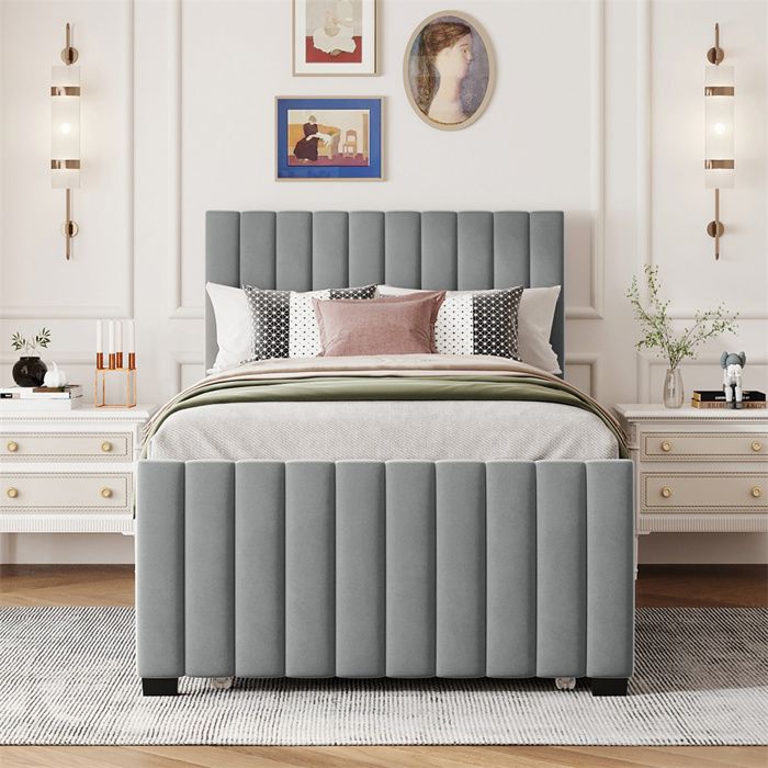 Lit rembourré - 90x190 cm - Lit gigogne - Tissu velours gris - Sommier à lattes