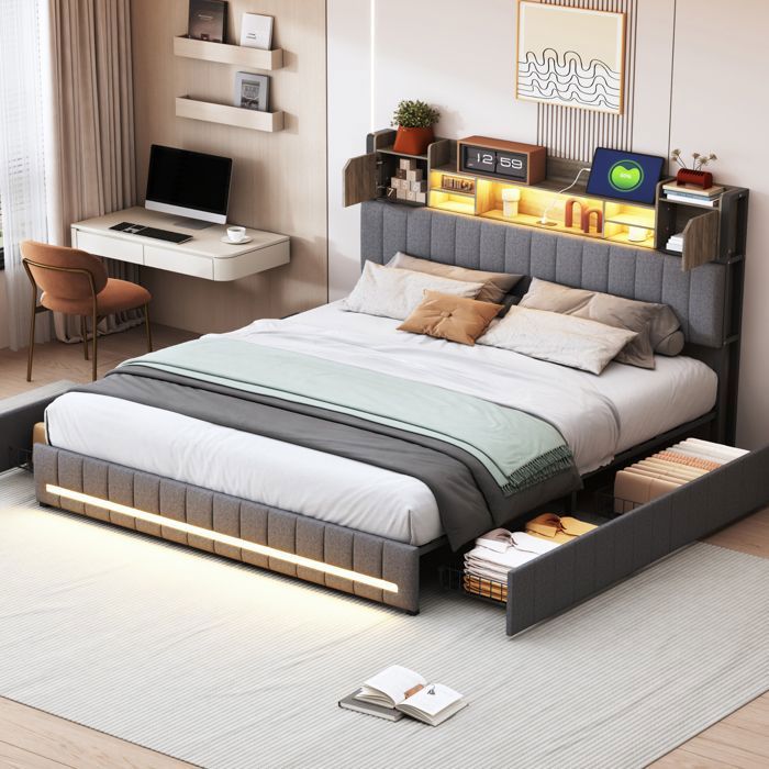 Lit double coffre LUMINARIX Luminarix 160x200 cm Gris avec éclairage LED et ports USB Type-C