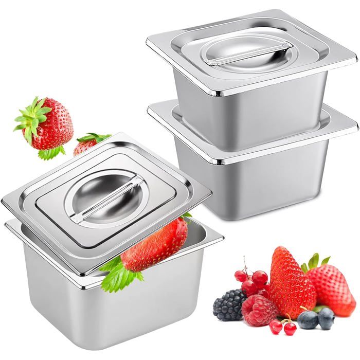 Bacs Gastronorme Inox 3 Plateaux GN 1/6 17.5x16.6x10cm Couvercles Restauration Empilable
