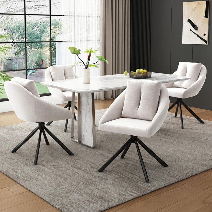 Lot de 4 chaises de salle à manger pivotante élégante et confortable tissu en velours respirant Pour cuisine salon Beige