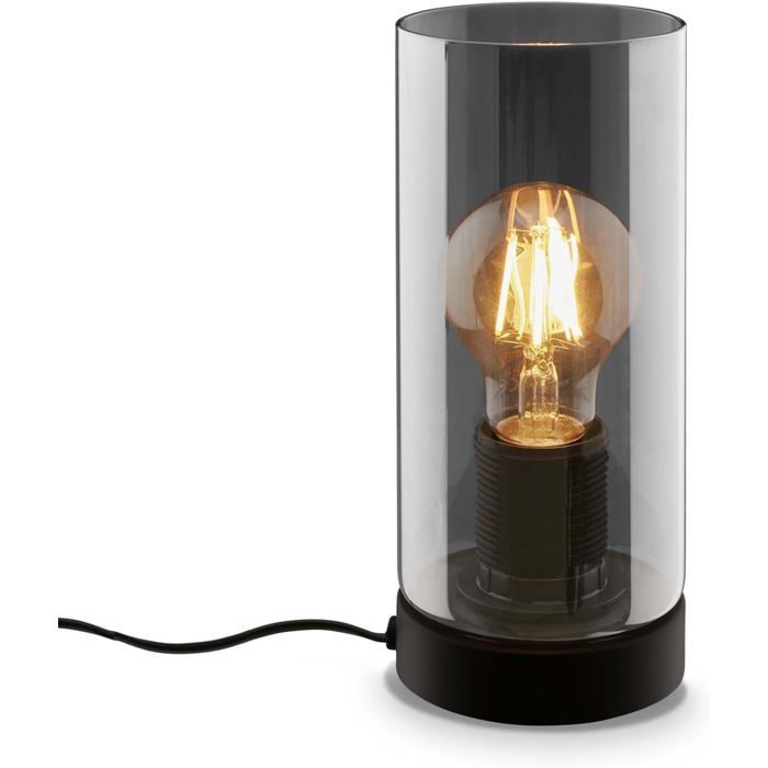 Lampe de chevet BRILONER verre fumé E27 noire – lampe de bureau 24 cm socle bois