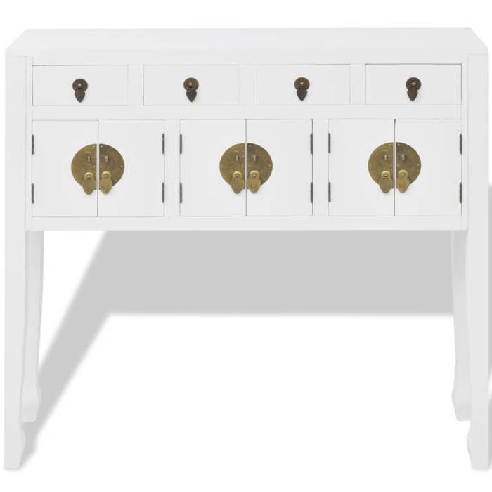 Buffet en bois massif style chinois - vidaXL - Blanc - 95x24x91 cm - 4 tiroirs - 3 armoires - Capacité totale 75 kg