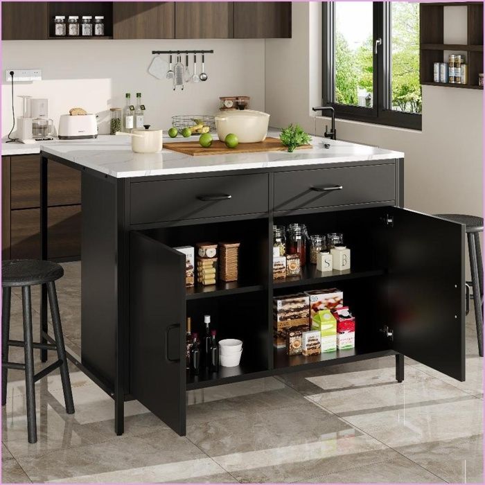 Kitchen Islands &amp  Carts - Table de Cuisine Multifonctionnelle Noir - Plateau Imitation Marbre - MDF Robuste