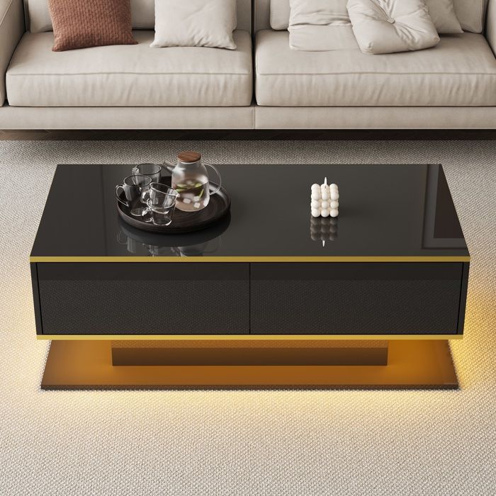 Table basse LED 100 cm laquée brillante - 3 tiroirs ornements dorés et bandeau LED USB - Élégante et moderne pour salon