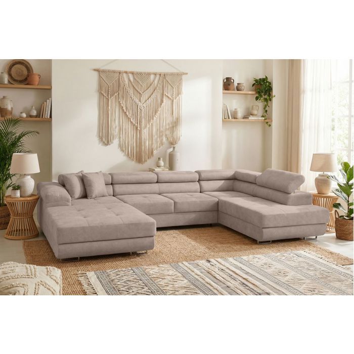 Canapé panoramique 6 places FLAVIO convertible avec 2 coffres en tissu - Gris clair Canapé panoramique 6 places FLAVIO convertible avec 2 coffres en tissu - Gris clair