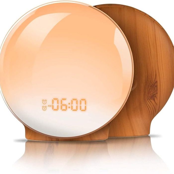 Réveil Lumière Naturelle Simulation Lever Coucher de Soleil LED Horloge Radio FM Veilleuse 7 Couleurs Lampe de Chevet Atmosphère