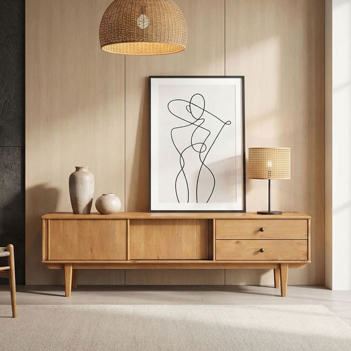 Meuble TV SIMONA L 175 cm en Bois Massif Coloris Chêne avec 2 Tiroirs 2 Portes Coulissantes Pour téléviseur jusquà 75 Meuble TV SIMONA L 175 cm en Bois Massif Coloris Chêne avec 2 Tiroirs 2 Portes Coulissantes Pour téléviseur jusquà 75