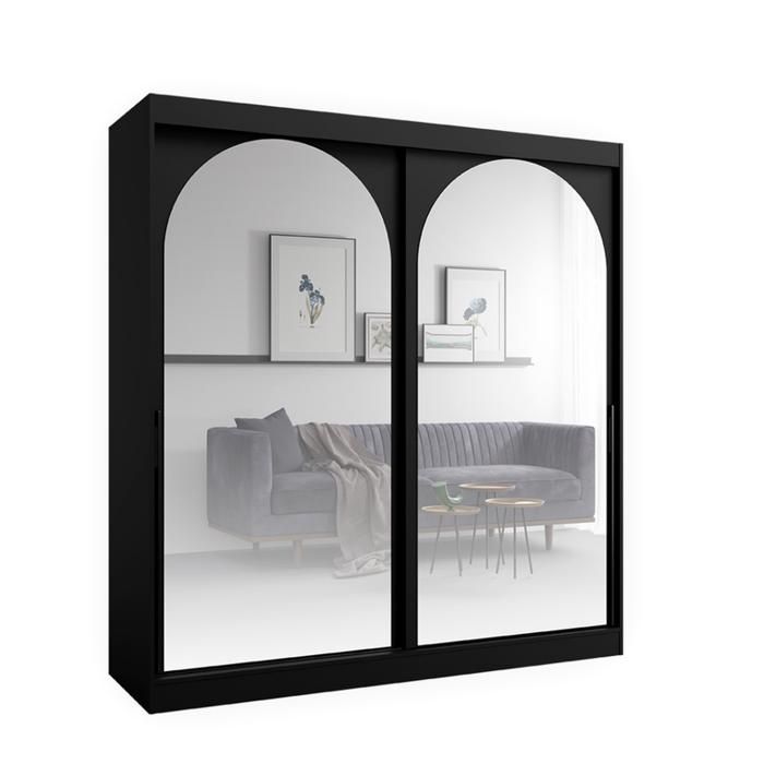 Bibliothèque en bois noir - OTITEC - 215x200x65 cm - Noir - Prêt à monter - Portes coulissantes - Miroirs intégrés