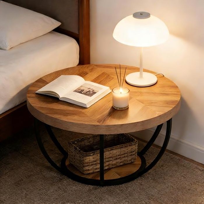 Table Basse Ronde BELLEMAVE - Table Basse en Bois à 2 étages - Base Métallique - Table de Salon - Ø80.49 x H43.99 cm - Bois Naturel