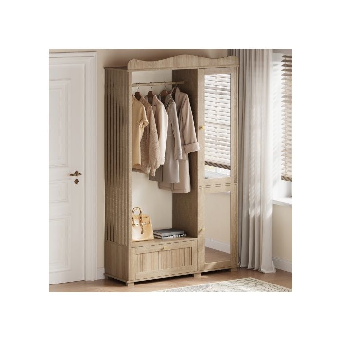 Armoire de chambre ouvert 2 portes 115 5x38 5x194 5 cm avec miroir penderie tiroir et étagères en MDF chêne