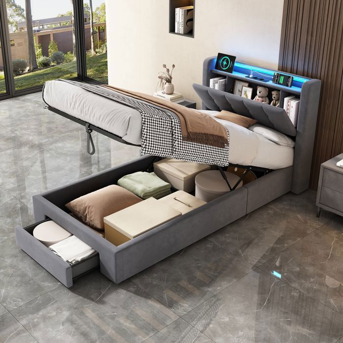 Lit de jeunesse capitonné 90 × 190 cm avec LED USB rangements