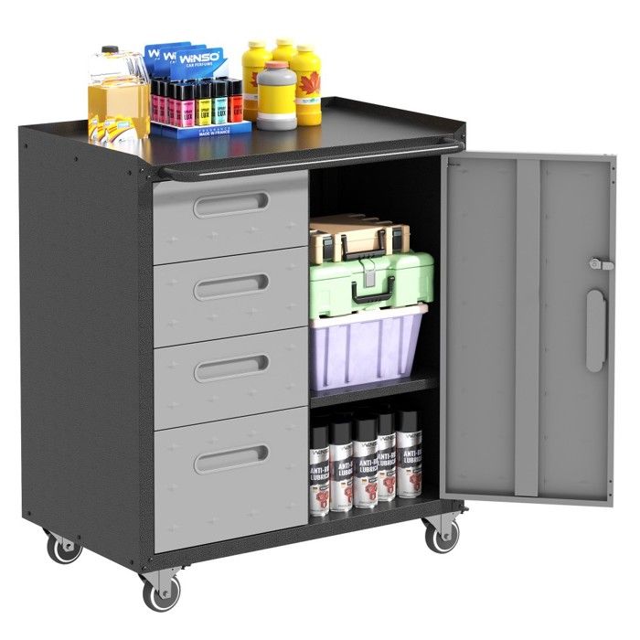 Meuble Armoire Bureau Métal Noir/Gris 75x42x88cm Rangement Polyvalent à Roulettes pour Garage Bureau Maison