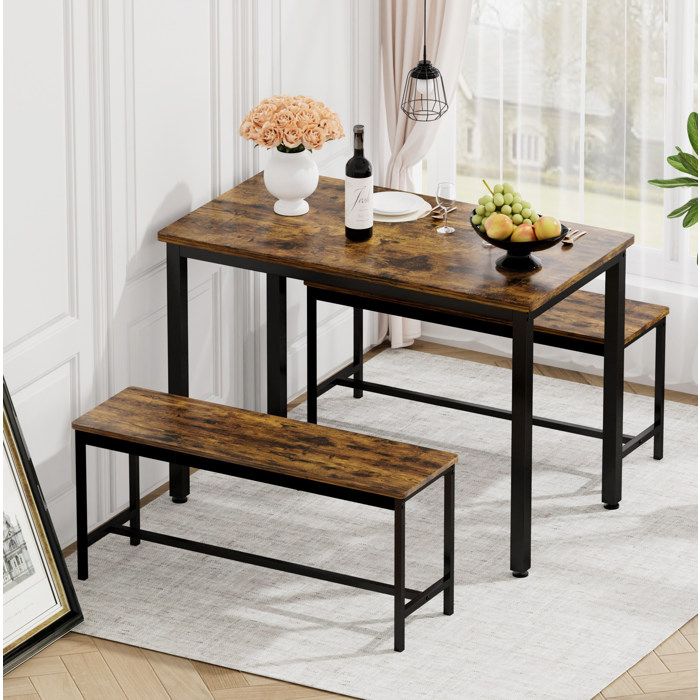Table de cuisine avec 2 bancs noir et brun rustique 110 x 60 x 75 cm style industriel bancs rangeables pieds réglables