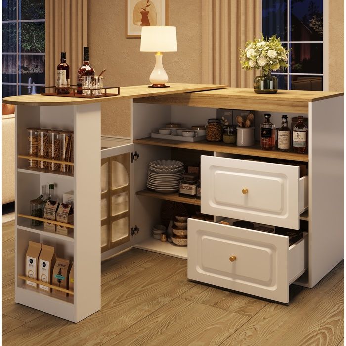 Îlot de Cuisine avec table extensible 138-204x39x104 cm pivotant 360° 2 tiroirs MDF blanc verre trempé