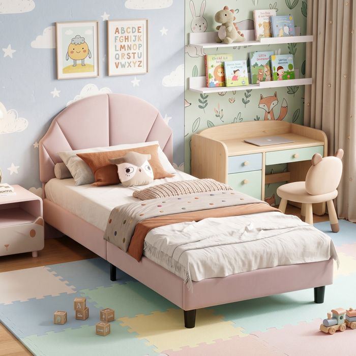 Lit Simple Rembourré 90x190 avec Sommier à Lattes Lit pour Enfant avec Tête de Lit Réglable en Hauteur en Velours sans Matelas