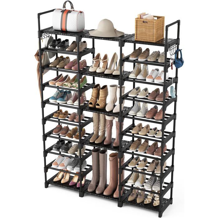 Étagère À Chaussures À 10 Niveaux En Métal 54 À 62 Paires De Rangement De Chaussures Avec Crochets Pour Entrée Salon Chambre Noir