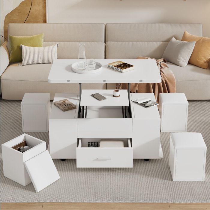 Table basse relevable multifonction – blanche – plateau extensible – 4 tabourets – avec tiroir et roulettes