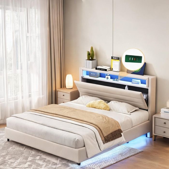 Sommier tapissier 160x200 cm tête pivotante avec range-lit beige-toned USB et LED multicolore