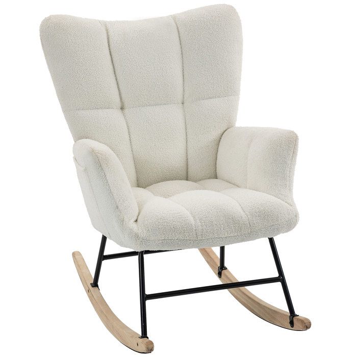 Fauteuil à bascule - HOMCOM - poches latérales - dossier à oreilles capitonné - tissu en peluche teddy - 66 x 90 x 90 cm - crème