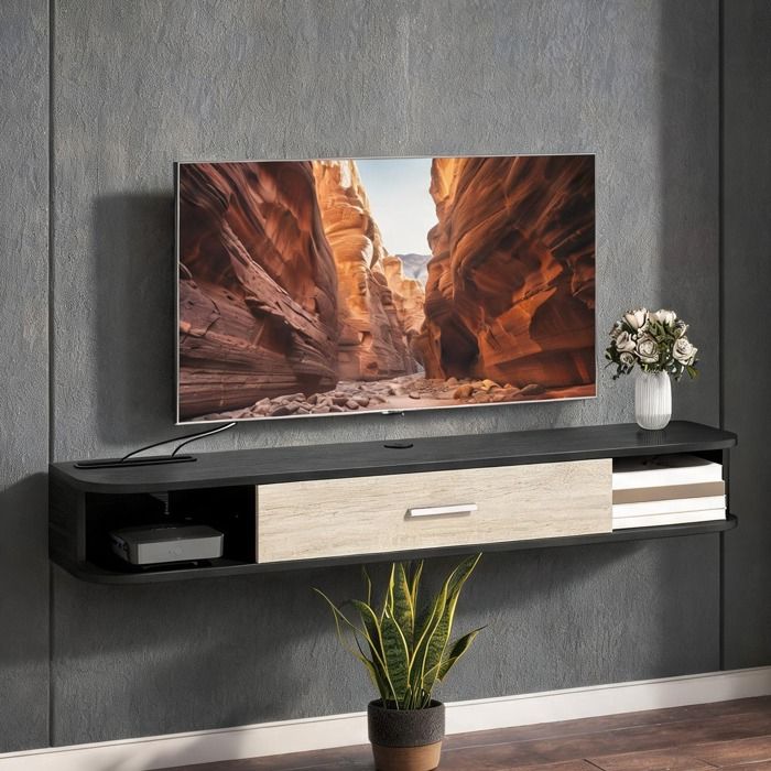 Meuble TV suspendu en MDF noir 120 cm porte rabattable et passe-câbles pour téléviseur jusquà 50 pouces