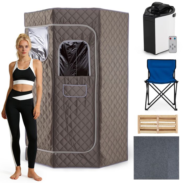 COSTWAY Sauna à Vapeur Portable 3L avec 9 Niveaux Température Télécommande Minuterie Chaise Pliante 90 x 90 x 180 cm Gris