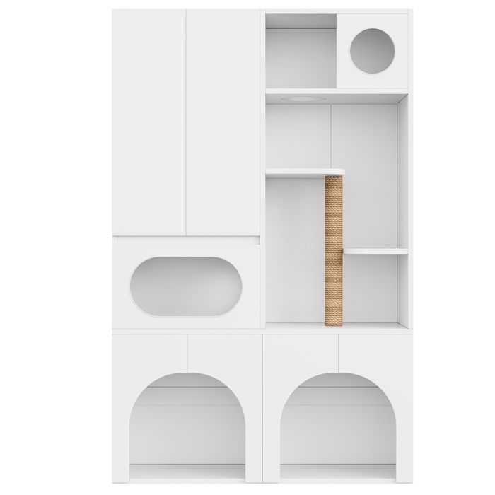 Meuble cache-litière pour chat 140x45x195 cm avec griffoir espace repos et rangement pour 2 bacs à litière Meuble cache-litière pour chat 140x45x195 cm avec griffoir espace repos et rangement pour 2 bacs à litière
