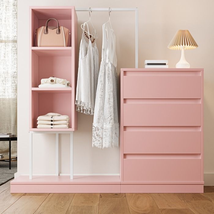 commode à cinq tiroirs Armoire penderie avec tiroirs Ensemble armoire 135x100x40 cmbuffet tringle à vêtements Rose