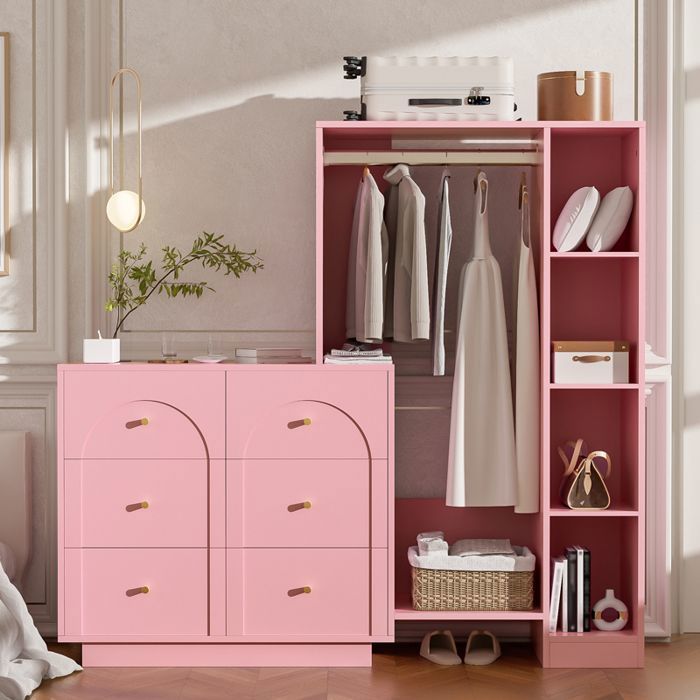 Dressing ouvert rose - 139 x 35 x 133 cm - 6 tiroirs - Penderie - Étagères latérales - Panneau de particules et métal