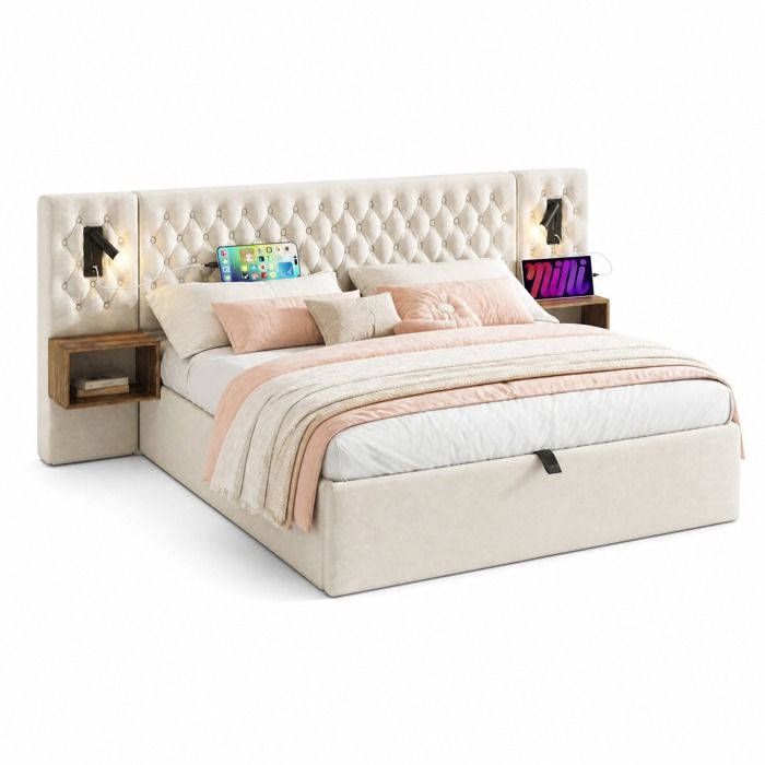 Lit coffre hydraulique 180x200 avec tables de chevet intégrées lampes de lecture USB Type-C velours beige TYNQER