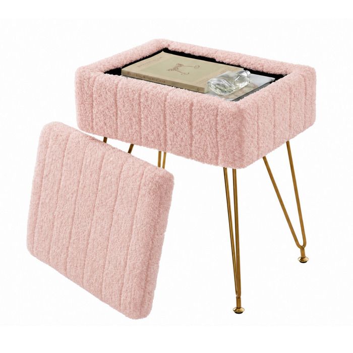 JoyGarden Pouf rangement PinkTeddy fleece Tabouret coiffeuse avec coffre caché assise rembourrée pieds dorés pour chambre