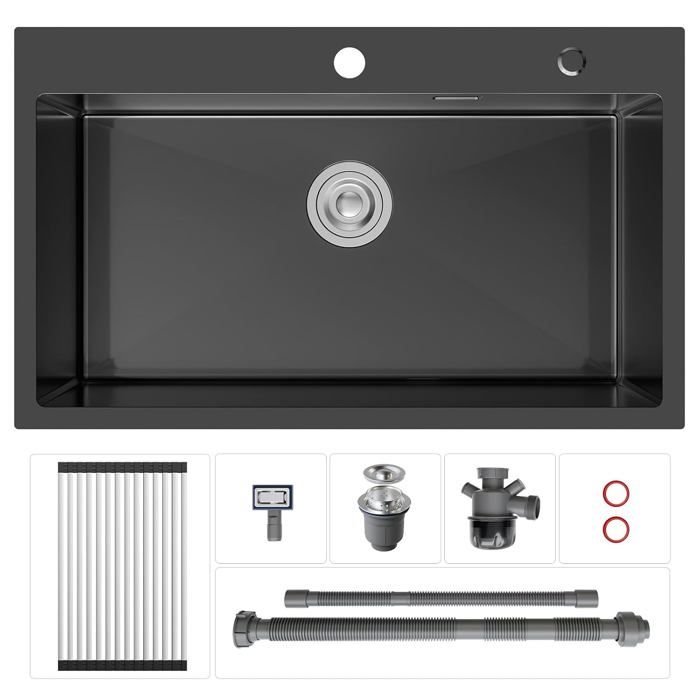 Évier Cuisine Inox 304 Noir 75x45 cm - 1 Bac Rectangulaire Encastrable avec Égouttoir pour Plan de Travail 80cm et Plus