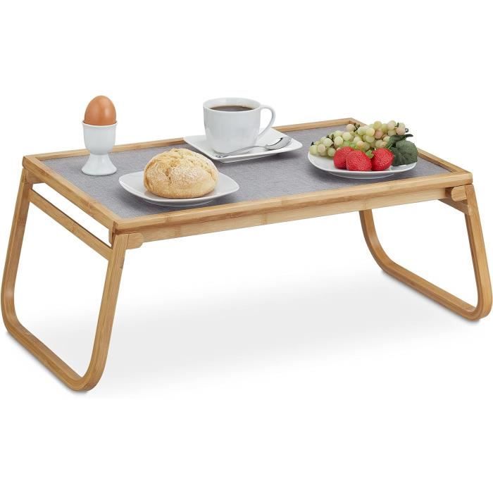 Plateau Déjeuner Sur Pieds En Bambou Pliable - Plateau-télé Avec Poignées - Petit-déjeuner Au Lit, Rangement Facile - 3