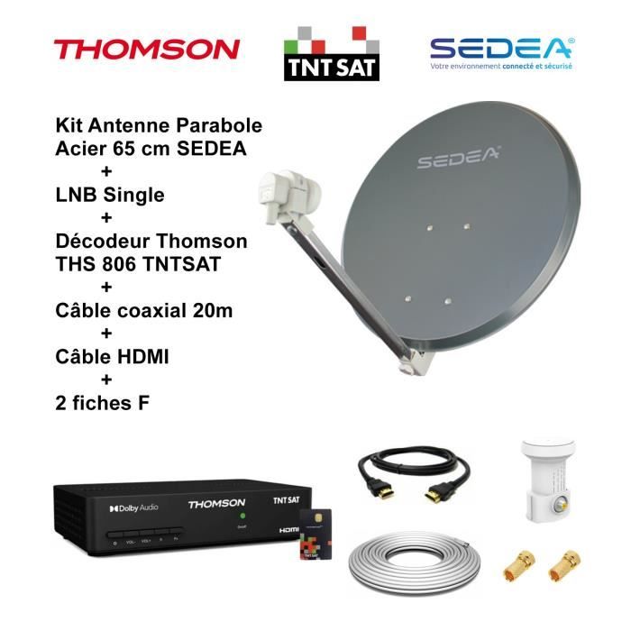 Kit Parabole Acier 65 cm Anthracite + LNB Single Full HD 4K + Décodeur THS 806 TNTSAT + Câble coax 20m + Câble HDMI + 2 Fiches F