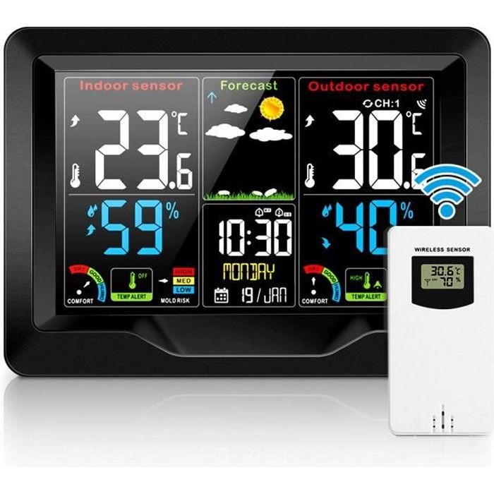 Station Météo sans Fil avec Capteur Extérieur Thermomètre Hygromètre  Baromètre LCD Colorée avec Réveil Snooze Prévisions Météo - Cdiscount TV  Son Photo