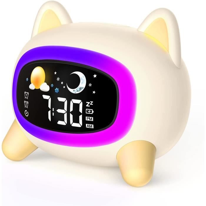Réveil Enfant PIXESTT - Affichage Jour/Nuit, Sonnerie Progressive Et Veilleuse | Sans Bruit Tic-Tac | Avec 5 Stickers Décoratifs