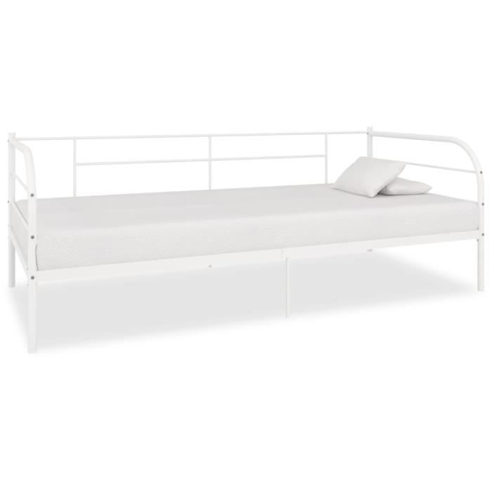 Sommier 90x190 TEENO - Cadre De Lit 1 Personne, 16 Lattes En Bois, 6 Pieds, Structure Métallique Blanche, Rangement Intégré