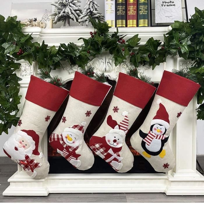 Lot de 4 Hottes du Père Noël Effet Toile de Jute Rouge