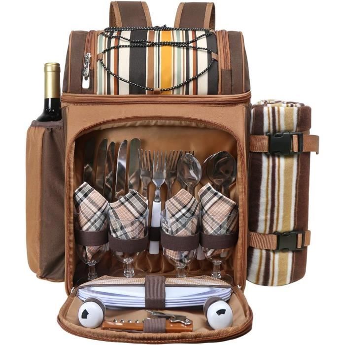 ZORMY Sac à dos de pique-nique 4 personnes couverture et sac isotherme,sac de pique-nique portable tout-en-un couverts,panier de pique-nique pochette à vin,parfait le camping,la