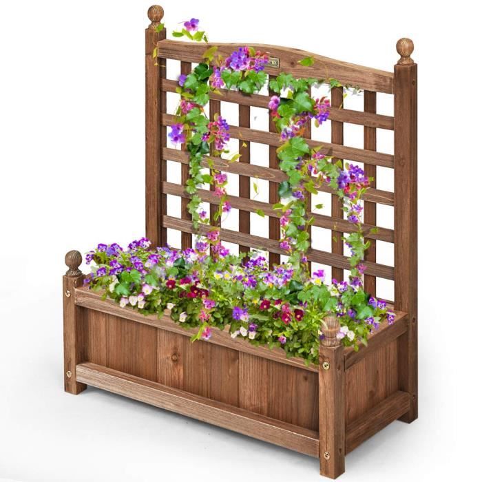 DREAMADE Jardinière avec Treillis en Bois, Bac à Fleurs Extérieur pour Plantes Grimpantes, pour Terrasse, Balcon, 64 X 28 X 75 CM