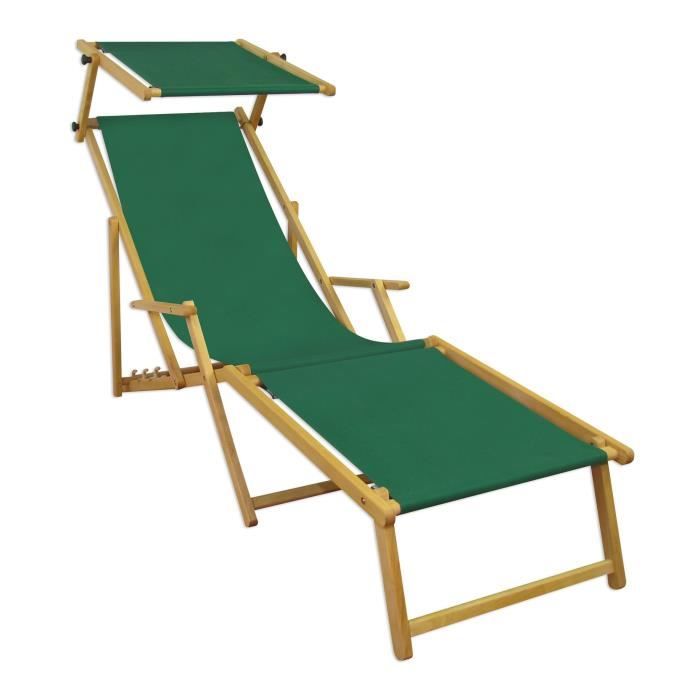 Chaise longue de jardin verte pliante avec repose-pieds et pare-soleil en bois naturel 10-304NFS Chaise longue de jardin verte pliante avec repose-pieds et pare-soleil en bois naturel 10-304NFS