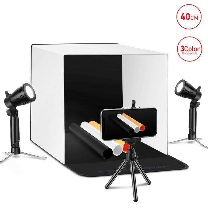 Studio Photo Box Pliable 40x40 Cm - Lumière LED Réglable, Pour Photos Produits, Bijoux, Maquillage