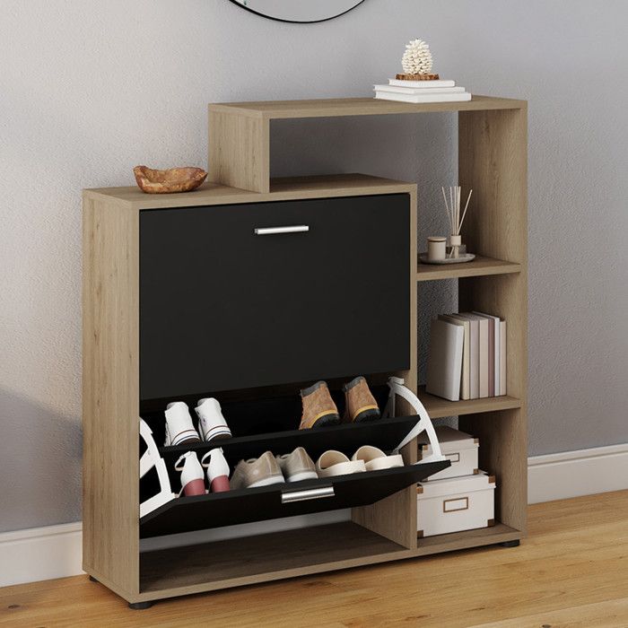 IDMARKET Meuble à chaussures 12 paires KLARK imitation hêtre 2 portes noires avec étagères