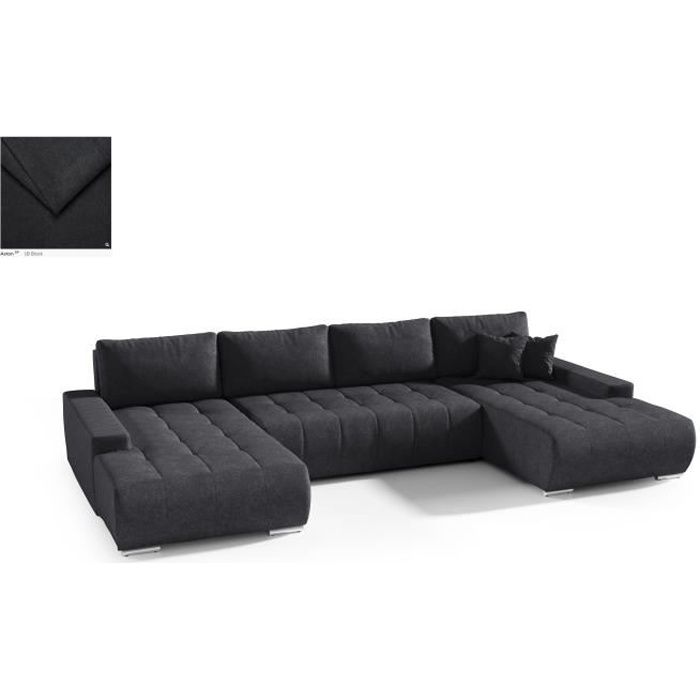 BELUTI - Canapé d'angle panoramique en U Convertible. Tissu Design. Lit + Coffre de Rangement (Noir)